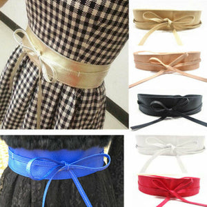 Classy Women Waist Belt Stretch Buckle Bow Wide PU Leather Elastic Slimming Lace Up Waistband Corset  Tie Belt