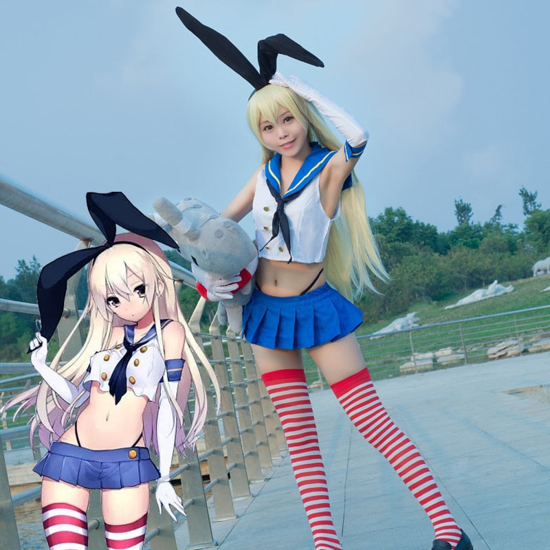 Anime Kantai Collection Shimakaze Uniforms Cosplay Cos Costume Free Shipping+Socks (Top+skirt+Tie+headwear+gloves+socks+thong)