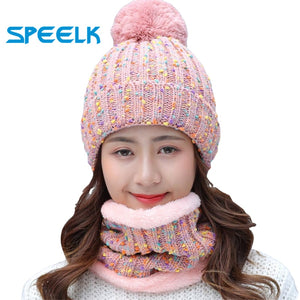 Autumn Winter knitted Beanies Hat Women Velvet Thick Warm Wool Skullies Cap Bib Female Bonnet Beanie Caps Windproof Riding Sets