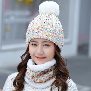 Autumn Winter knitted Beanies Hat Women Velvet Thick Warm Wool Skullies Cap Bib Female Bonnet Beanie Caps Windproof Riding Sets