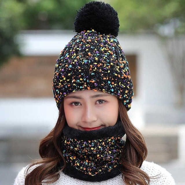 Autumn Winter knitted Beanies Hat Women Velvet Thick Warm Wool Skullies Cap Bib Female Bonnet Beanie Caps Windproof Riding Sets