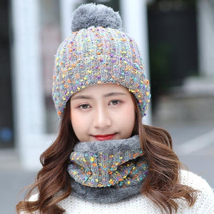 Autumn Winter knitted Beanies Hat Women Velvet Thick Warm Wool Skullies Cap Bib Female Bonnet Beanie Caps Windproof Riding Sets