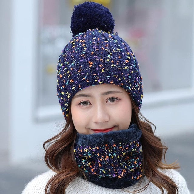Autumn Winter knitted Beanies Hat Women Velvet Thick Warm Wool Skullies Cap Bib Female Bonnet Beanie Caps Windproof Riding Sets