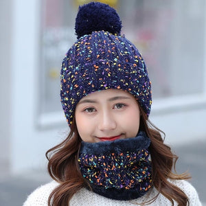 Autumn Winter knitted Beanies Hat Women Velvet Thick Warm Wool Skullies Cap Bib Female Bonnet Beanie Caps Windproof Riding Sets