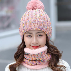 Autumn Winter knitted Beanies Hat Women Velvet Thick Warm Wool Skullies Cap Bib Female Bonnet Beanie Caps Windproof Riding Sets
