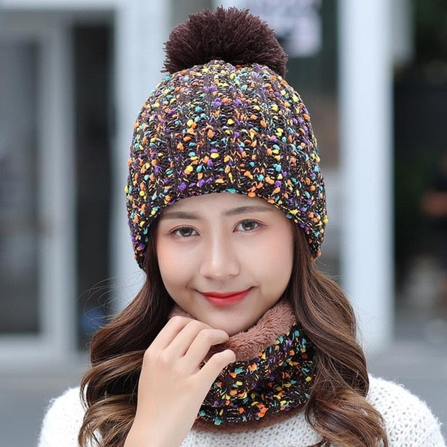 Autumn Winter knitted Beanies Hat Women Velvet Thick Warm Wool Skullies Cap Bib Female Bonnet Beanie Caps Windproof Riding Sets