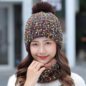 Autumn Winter knitted Beanies Hat Women Velvet Thick Warm Wool Skullies Cap Bib Female Bonnet Beanie Caps Windproof Riding Sets