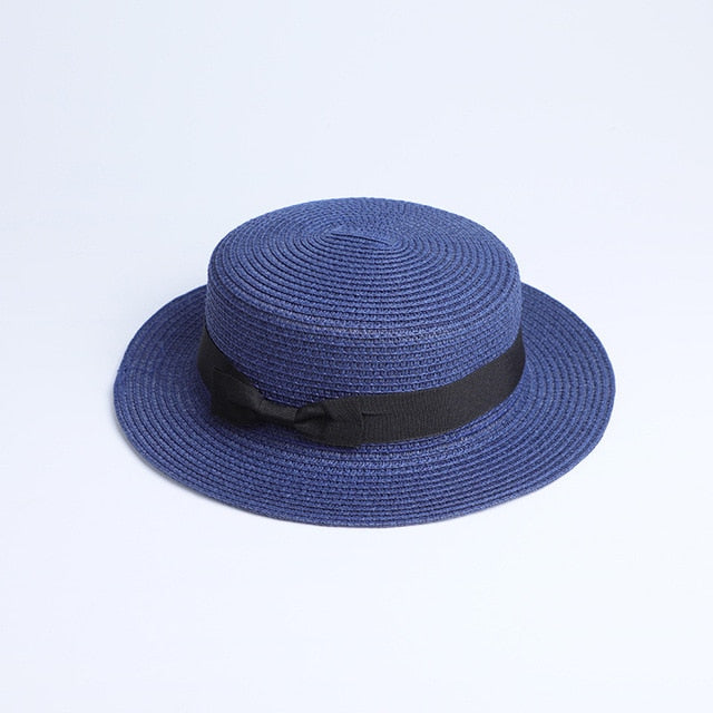 2019 Parent-child wholesale sun flat straw hat boater hat girls bow summer Hats For Women kid and Beach flat panama straw hat