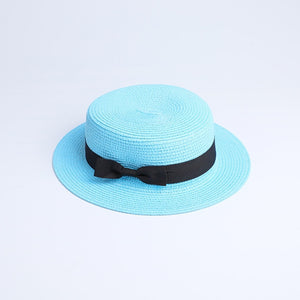 2019 Parent-child wholesale sun flat straw hat boater hat girls bow summer Hats For Women kid and Beach flat panama straw hat