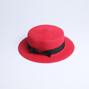 2019 Parent-child wholesale sun flat straw hat boater hat girls bow summer Hats For Women kid and Beach flat panama straw hat