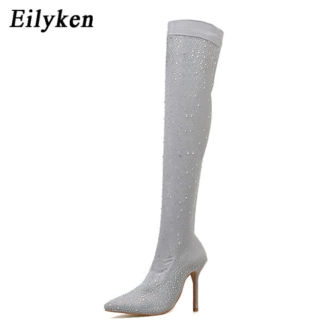 Eilyken New Design Fashion Pointed Toe Bling Over Knee Boots Crystal Long Sock Women Boots High Heel club Sock Boots size 35-43
