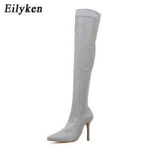 Eilyken New Design Fashion Pointed Toe Bling Over Knee Boots Crystal Long Sock Women Boots High Heel club Sock Boots size 35-43