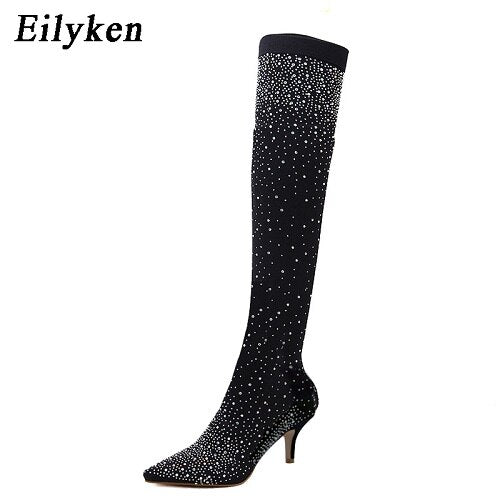 Eilyken New Design Fashion Pointed Toe Bling Over Knee Boots Crystal Long Sock Women Boots High Heel club Sock Boots size 35-43