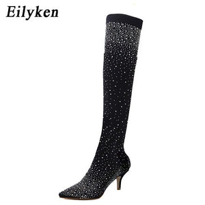 Eilyken New Design Fashion Pointed Toe Bling Over Knee Boots Crystal Long Sock Women Boots High Heel club Sock Boots size 35-43
