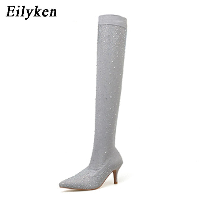 Eilyken New Design Fashion Pointed Toe Bling Over Knee Boots Crystal Long Sock Women Boots High Heel club Sock Boots size 35-43