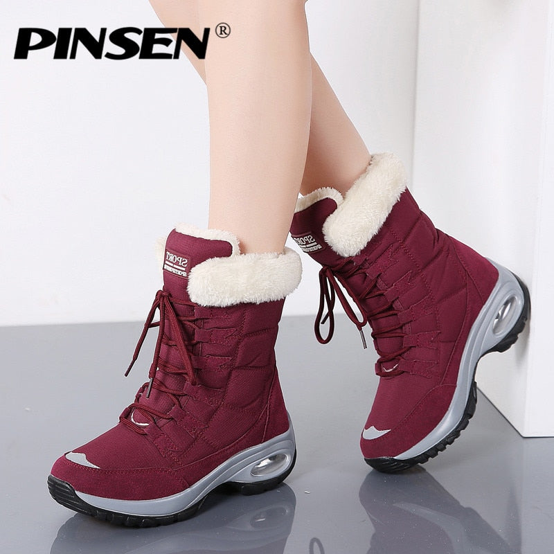 PINSEN New Winter Women Boots High Quality Keep Warm Mid-Calf Snow Boots Women Lace-up Comfortable Ladies Boots chaussures femme