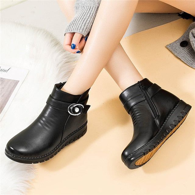 ZZPOHE Winter Boots Genuine Leather Wedge Heels Women Snow Boots Famale Non-slip Warm Fur Ankle Boots Women's Casual Shoes