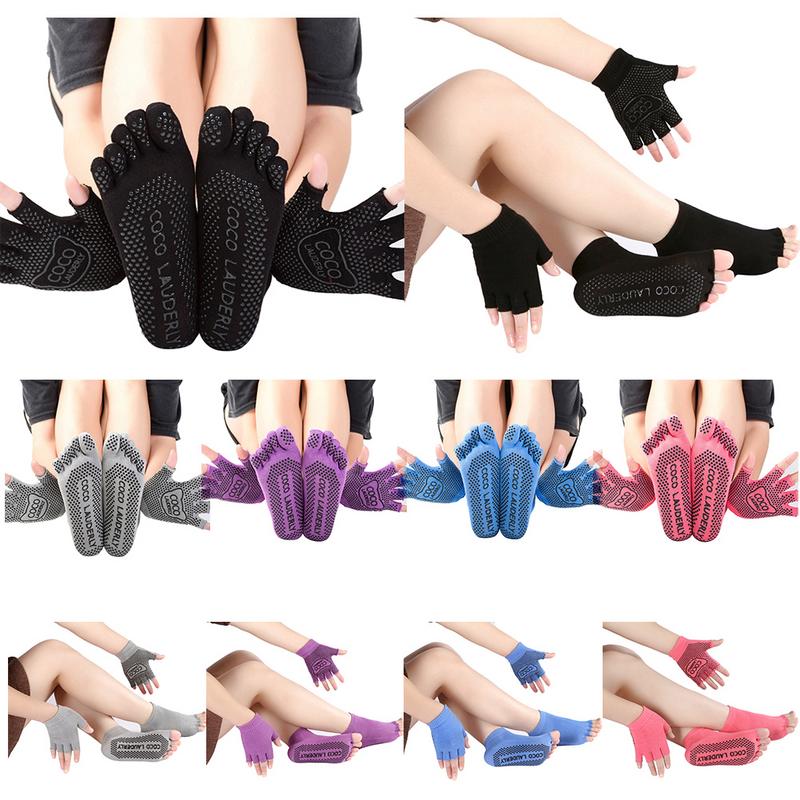 Yoga Non-slip Gloves Five Finger Socks Set Pure Cotton Sweat-absorbent Toe Socks Sweat-absorbent Breathable Fitness Suit