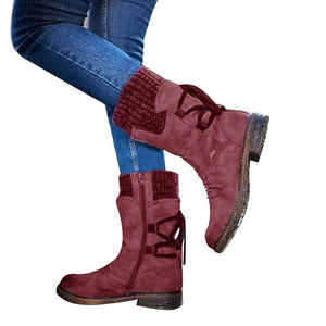 DIHOPE 2020 Women Boots Autumn PU Mid-Calf Boots With Back Lace-up Design Boots Solid Color Low Heels Shoes Botas Mujer