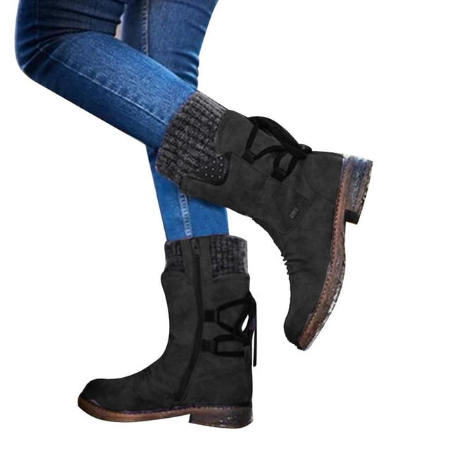 DIHOPE 2020 Women Boots Autumn PU Mid-Calf Boots With Back Lace-up Design Boots Solid Color Low Heels Shoes Botas Mujer