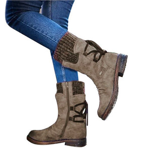 DIHOPE 2020 Women Boots Autumn PU Mid-Calf Boots With Back Lace-up Design Boots Solid Color Low Heels Shoes Botas Mujer