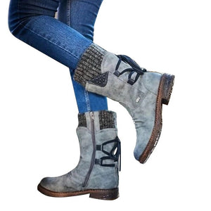 DIHOPE 2020 Women Boots Autumn PU Mid-Calf Boots With Back Lace-up Design Boots Solid Color Low Heels Shoes Botas Mujer