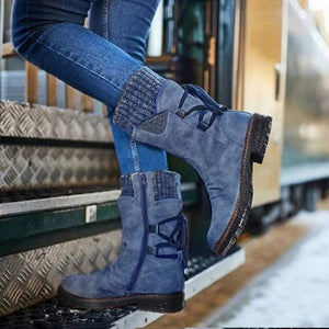 DIHOPE 2020 Women Boots Autumn PU Mid-Calf Boots With Back Lace-up Design Boots Solid Color Low Heels Shoes Botas Mujer