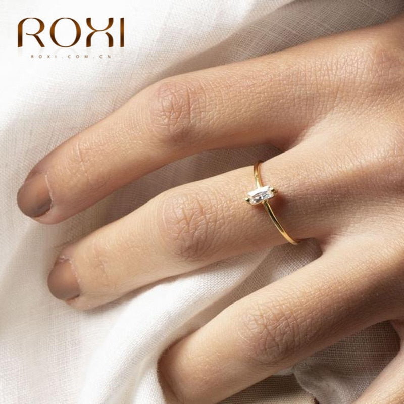 ROXI 925 Sterling Silver Ring Wedding Engagement Gift Rectangle Zirconia Crystal Finger Rings for Women Jewelry Thin Couple Ring
