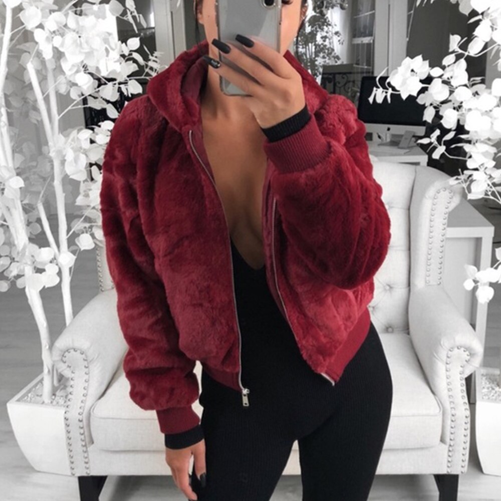 SHUJIN Faux Fur Women Coat With Hood High Waist Fashion Slim Black Red Pink Faux Fur Jacket Fake Rabbit Fur Coats