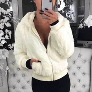 SHUJIN Faux Fur Women Coat With Hood High Waist Fashion Slim Black Red Pink Faux Fur Jacket Fake Rabbit Fur Coats