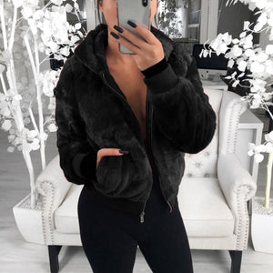 SHUJIN Faux Fur Women Coat With Hood High Waist Fashion Slim Black Red Pink Faux Fur Jacket Fake Rabbit Fur Coats