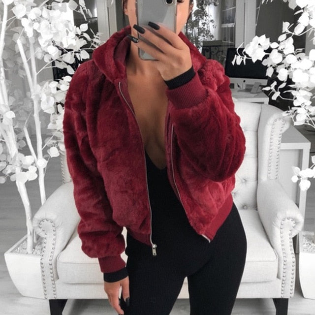 SHUJIN Faux Fur Women Coat With Hood High Waist Fashion Slim Black Red Pink Faux Fur Jacket Fake Rabbit Fur Coats