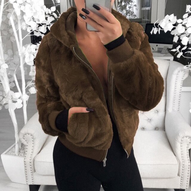 SHUJIN Faux Fur Women Coat With Hood High Waist Fashion Slim Black Red Pink Faux Fur Jacket Fake Rabbit Fur Coats