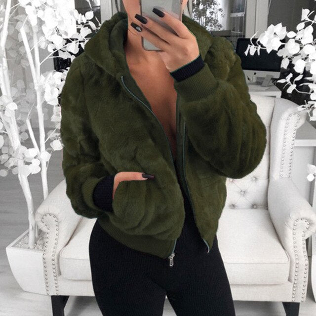 SHUJIN Faux Fur Women Coat With Hood High Waist Fashion Slim Black Red Pink Faux Fur Jacket Fake Rabbit Fur Coats