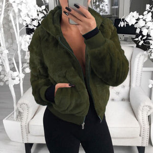 SHUJIN Faux Fur Women Coat With Hood High Waist Fashion Slim Black Red Pink Faux Fur Jacket Fake Rabbit Fur Coats