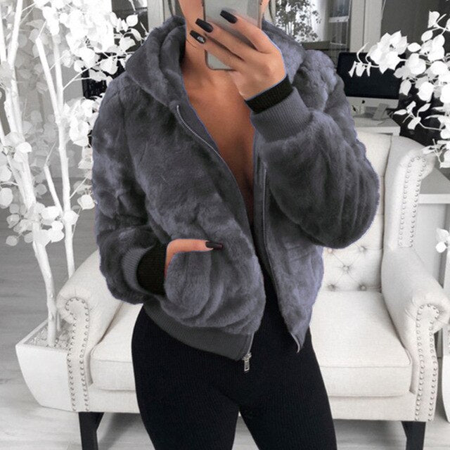 SHUJIN Faux Fur Women Coat With Hood High Waist Fashion Slim Black Red Pink Faux Fur Jacket Fake Rabbit Fur Coats