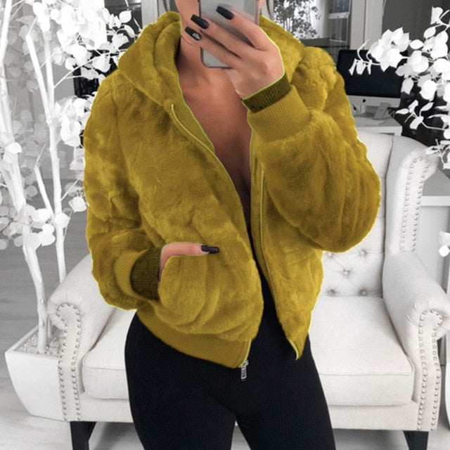 SHUJIN Faux Fur Women Coat With Hood High Waist Fashion Slim Black Red Pink Faux Fur Jacket Fake Rabbit Fur Coats