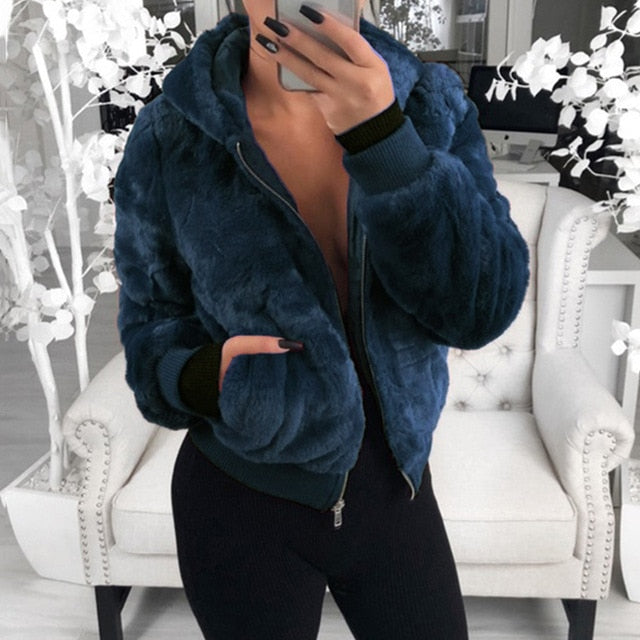 SHUJIN Faux Fur Women Coat With Hood High Waist Fashion Slim Black Red Pink Faux Fur Jacket Fake Rabbit Fur Coats