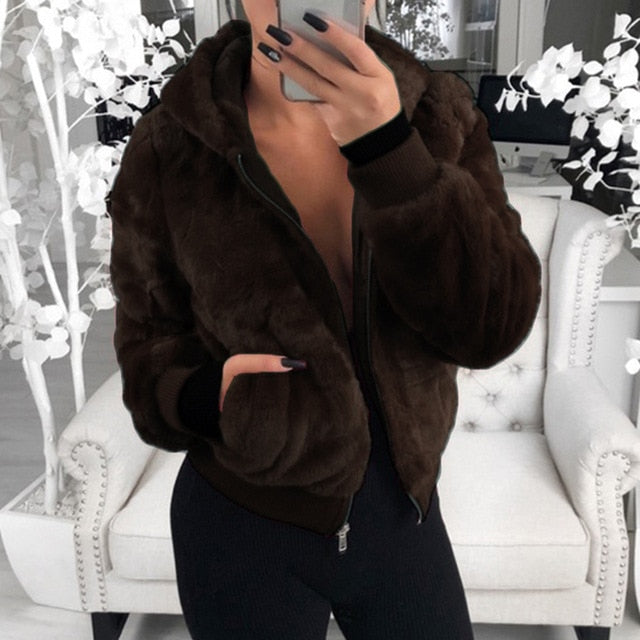 SHUJIN Faux Fur Women Coat With Hood High Waist Fashion Slim Black Red Pink Faux Fur Jacket Fake Rabbit Fur Coats