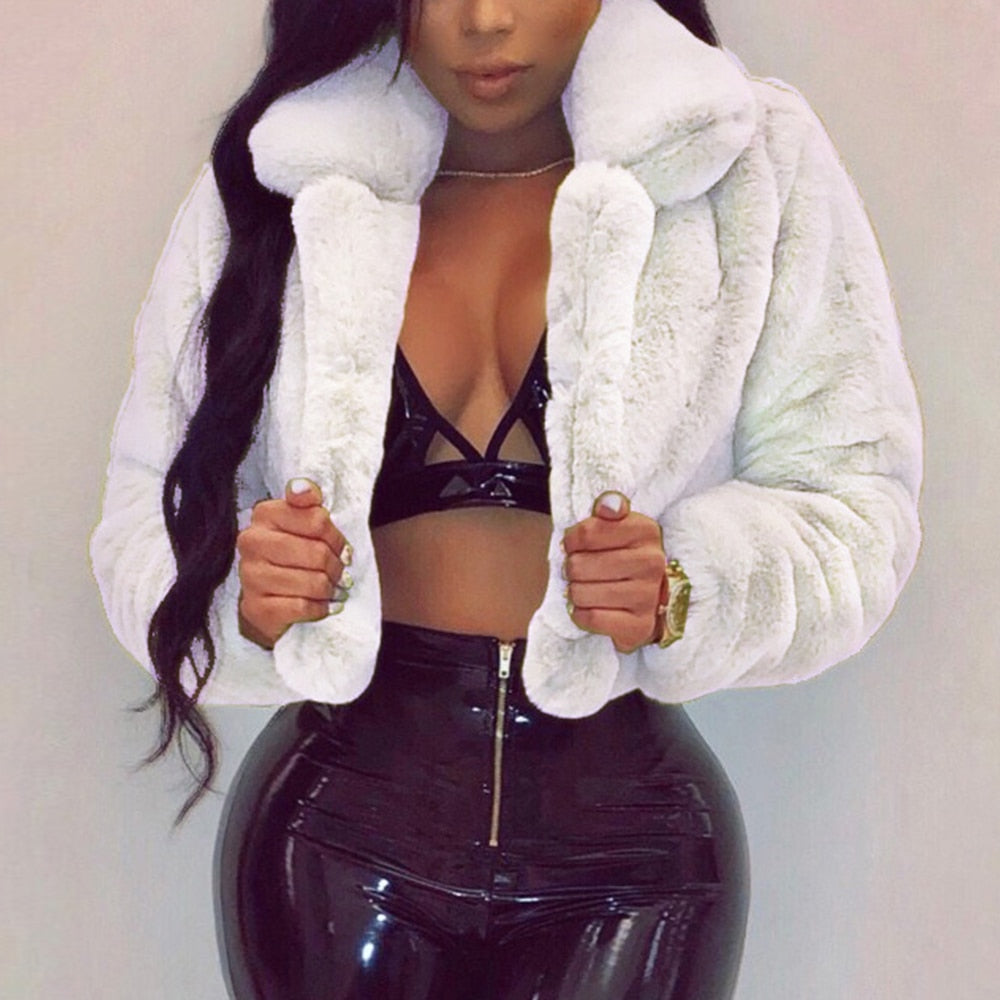 Winter Warm Fluffy Faux Fur Coats Jackets Women Furry Fake Fur Cropped Jackets Turn Down Collar Open Front Overcoats