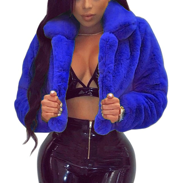 Winter Warm Fluffy Faux Fur Coats Jackets Women Furry Fake Fur Cropped Jackets Turn Down Collar Open Front Overcoats