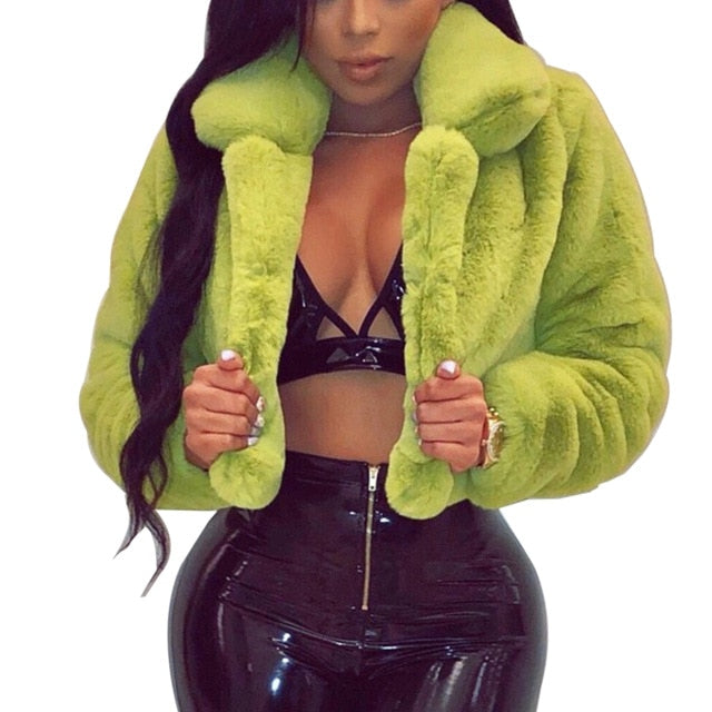 Winter Warm Fluffy Faux Fur Coats Jackets Women Furry Fake Fur Cropped Jackets Turn Down Collar Open Front Overcoats