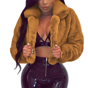 Winter Warm Fluffy Faux Fur Coats Jackets Women Furry Fake Fur Cropped Jackets Turn Down Collar Open Front Overcoats