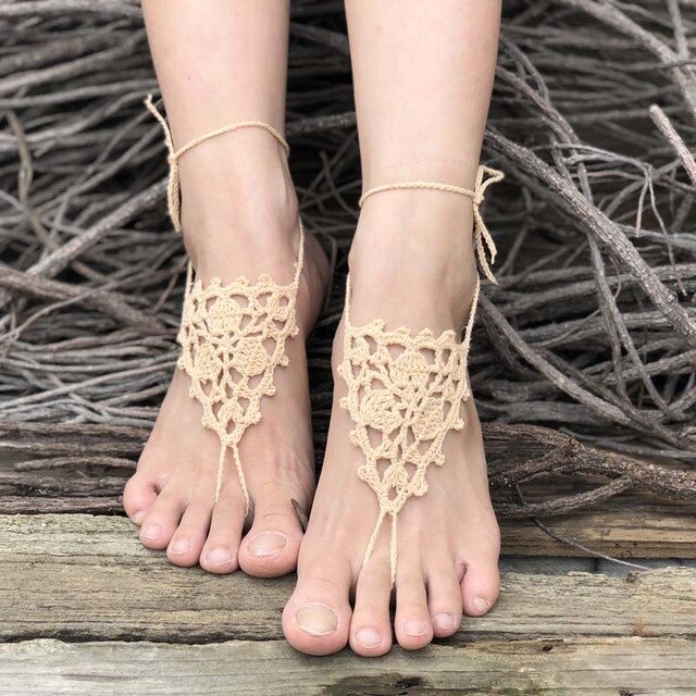 Crochet Barefoot Sandals Beach Pool Wear Toe Ring Anklet Nude shoes Foot jewelry Victorian Lace Yoga Shoes Bridal Anklet