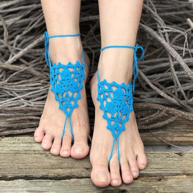 Crochet Barefoot Sandals Beach Pool Wear Toe Ring Anklet Nude shoes Foot jewelry Victorian Lace Yoga Shoes Bridal Anklet