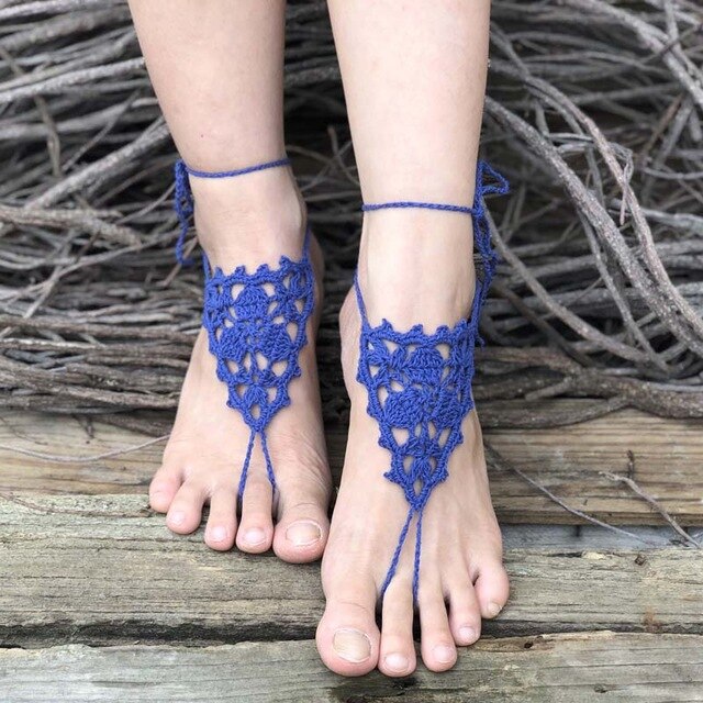 Crochet Barefoot Sandals Beach Pool Wear Toe Ring Anklet Nude shoes Foot jewelry Victorian Lace Yoga Shoes Bridal Anklet