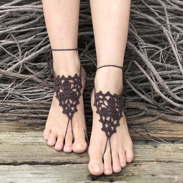 Crochet Barefoot Sandals Beach Pool Wear Toe Ring Anklet Nude shoes Foot jewelry Victorian Lace Yoga Shoes Bridal Anklet