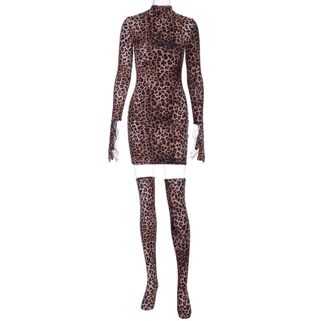 Dulzura leopard women mini dress with gloves and socks long sleeve bodycon sexy party 2019 autumn winter clothes clubwear dinner