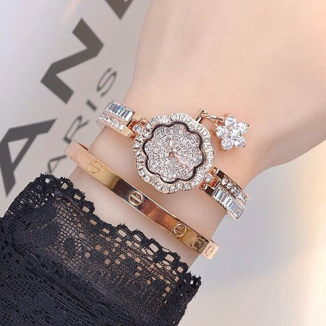 Mashali Luxury Diamond Bracelet Watch Women Quartz watch Female Ladies Dress Rhinestone wristwatch with Flower pendant Free ship
