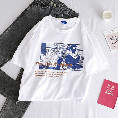 summer T-shirts Women Korean All-match Trendy Simple O-Neck Harajuku Short-sleeve Ladies casual Loose black white streetwear top